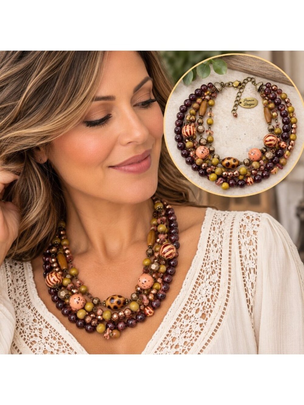 Premier Designs Multi Strand Beaded Necklace Boho Brown Copper Statement Jewelry